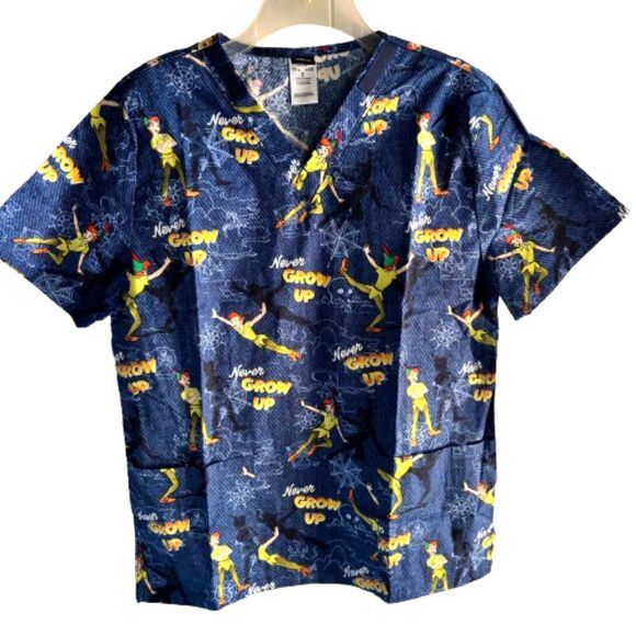 Disney Tooniforms Unisex Size M PETER PAN Never Grow Up Nurse Medical Scrub Top - Picture 1 of 7